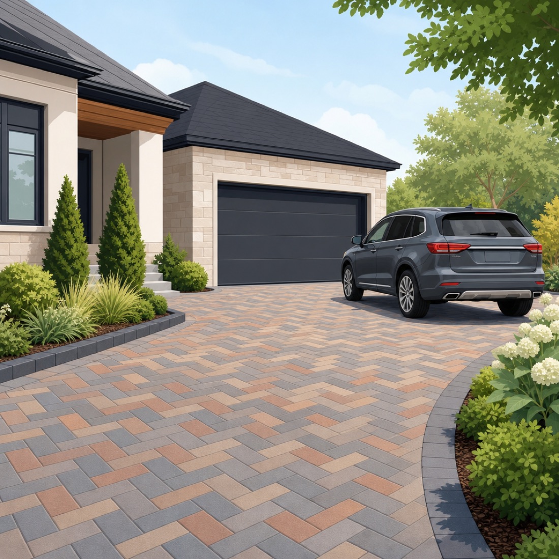 Paver driveway in a herringbone pattern in front of a garage