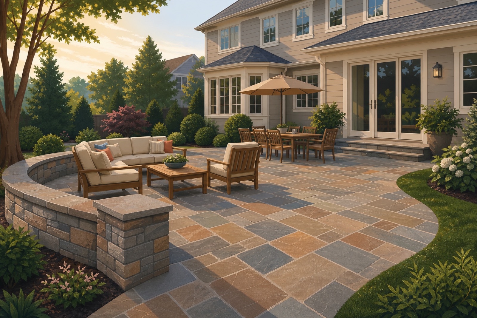 Finished natural stone paver patio with a low seating wall in a landscaped New Jersey backyard