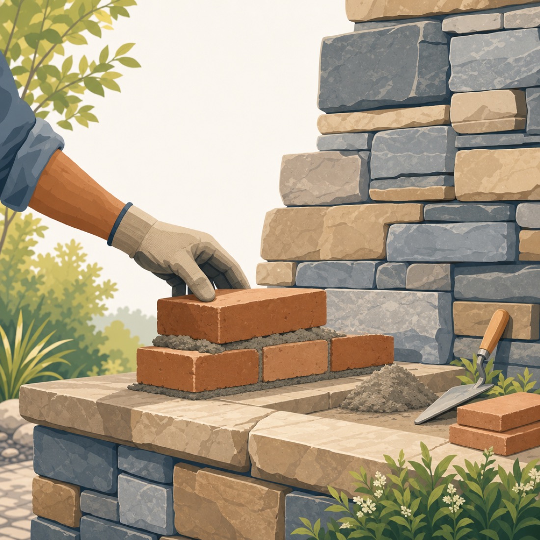 Mason laying a clean course of brick and stone
