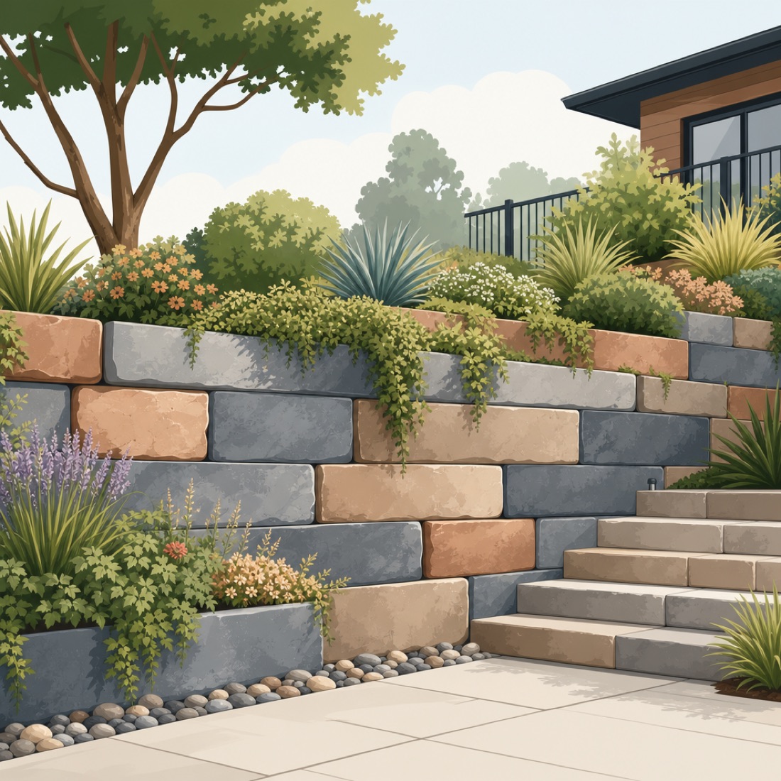 Tiered natural stone retaining wall in a landscaped yard