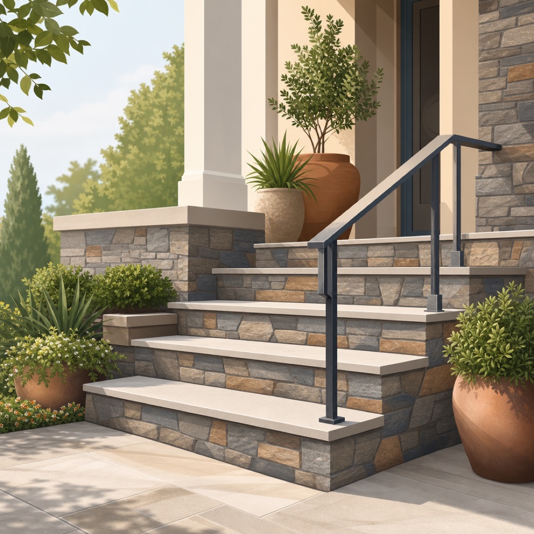 Stone front entrance steps with a metal handrail
