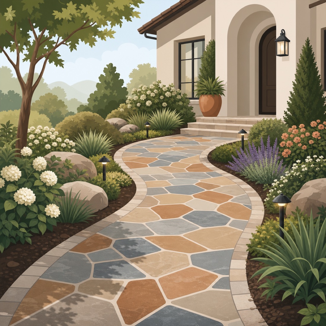 Curving natural stone walkway leading to a home entrance